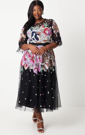 Coast Plus Hand Embellished Mesh Midi Dress With Short Sleeve