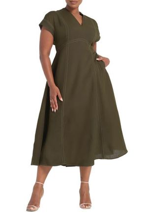 Estelle Arden Linen Blend Empire Waist Dress in Olive at Nordstrom, Size 18W