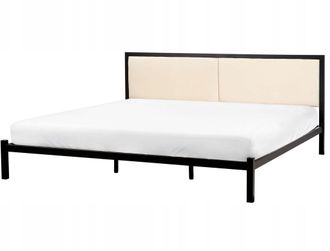 Beliani Cama De Metal Negra 180 X 200 Cm Con Somier Y Cabecero De Tela Beige Claro Dise&ntilde;o Moderno Clamart