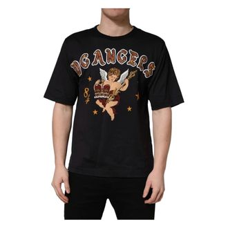 Dolce & Gabbana T-Shirts, male, Black, Size: XS Angel Print Cotton Crew Neck T-shirt