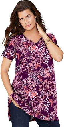 Roaman's Plus Size Ultimate Cotton V-Neck Short Sleeve Tunic in Dark Berry at Nordstrom, Size Medium