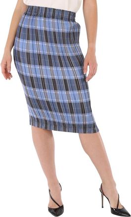 Burberry Ladies Pale Blue Check Plisse Pleated Check Pencil Skirt, Brand Size 2 (US Size 0)