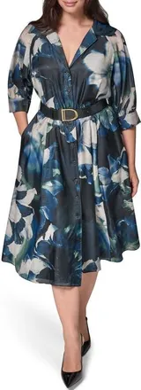 DKNY Floral Organza Shirtdress in Black Fore at Nordstrom, Size 20W