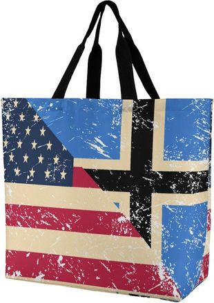 Generic U.S. And Estonia Vintage Flag Reusable Shopping Bags One Shoulder Grocery Tote Bag Waterproof Big Purse for Work Travel