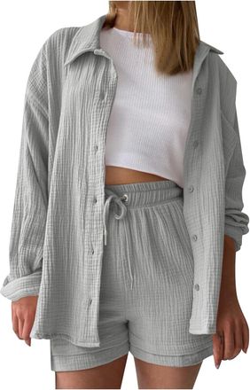 Generic 2 Piece Co Ord Sets for Women Summer - Linen Shirt and Shorts Set with Adjustable Drawstring Waist Beach Co Ord Casual Lounge Wear Holiday Outfit Co O