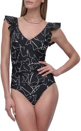 DKNY Ruffle Sleeve One-Piece Swimsuit in Black Outline at Nordstrom Rack, Size Xx-Large