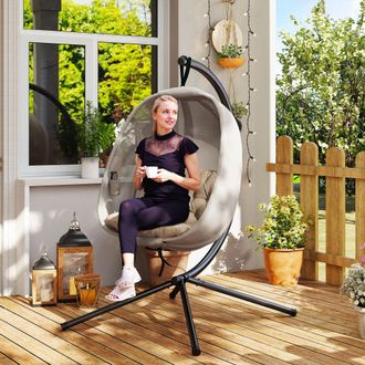OUTSUNNY Hanging Egg Chair, Folding Texteline Swing Hammock with Side Pocket in Khaki