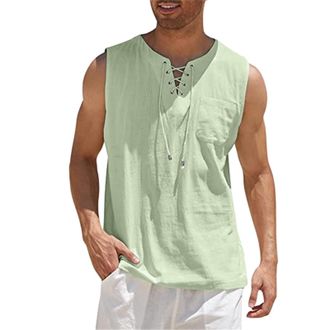 Generic Linen Tank Tops, Mens Sleeveless Lightweight Slim Fit Beach Top Vests, Summer Casual Drawstring Lace-Up Henley Shirt with Pocket, Linen Vest Solid Col