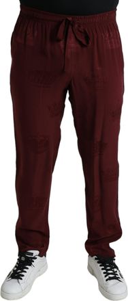Dolce & Gabbana Maroon Crown Pattern Silk Pajama Mens Pants