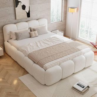 Merax 4ft6 Double Beige Boucle Upholstered Bed with Block Padded Headboard