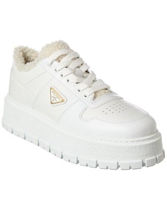Prada Logo Leather & Shearling Platform Sneaker