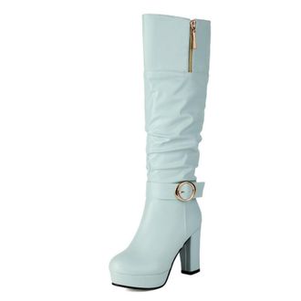 Generic Womens PU Leather Slouch Long Boots with Side Zipper Round Toe Knee High Boots Chunky High Heel Platform Boot with Buckle,Blue,7.5 UK