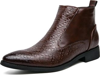 Generic Mens Leather Printed Low Heel Ankle Boots Fashion Pointed Toe Side Zipper Business Dress Booties for Office Work (Brown,11.5)