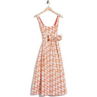 Diane Von F&uuml;rstenberg Thalia Tie Waist Stretch Cotton Dress in Palm Geo Orange at Nordstrom Rack, Size Xx-Small