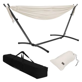 ML Design Hamaca doble beige con soporte para 2 personas con bolsa de transporte