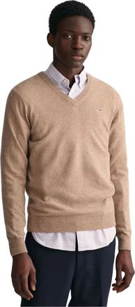 GANT Klassieke V-hals wollen trui - Heren - V-hals truien - Beige - M - Wol - Truien & Vesten