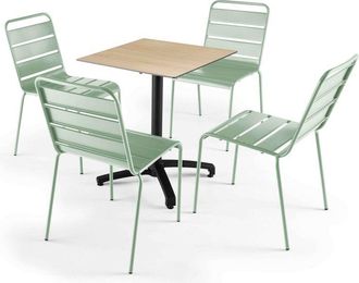 Oviala Oviala - Mesa de jardín de laminado de roble y 4 sillas verde salvia - Roble Natural