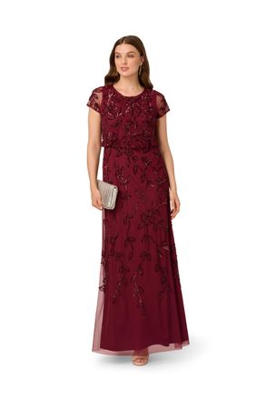 Adrianna Papell Womens Blouson Beaded Long Dress - Red - Size 8 UK