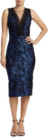 Theia Lace Trim Brocade Sheath Cocktail Dress In Cobalt Metallic/black