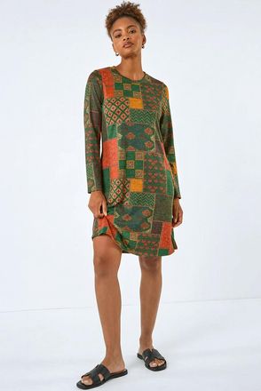 Roman Patchwork Print Button Swing Dress