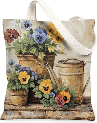 Generic Spring Farmhouse Pansy Canvas Tote Bag for Shopping 13x15, Rustic Vintage Floral Reusable Grocery Print Bag for Women Men, Country Flower Aesthetic Pa