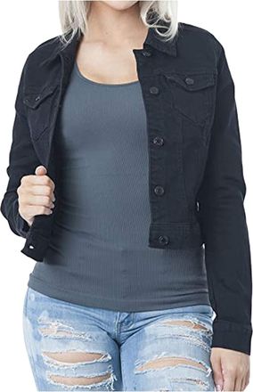 Generic Cropped Denim Jacket Women Black Long Sleeve Button Down Jean Jackets with Pockets Womens Casual Washed Denim Jeans Jacket Lightweight Solid Color Out
