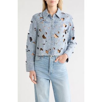 Alice & Olivia Embroidered Cutout Floral Denim Crop Shirt Jacket in Rockstar Blue at Nordstrom Rack, Size X-Small