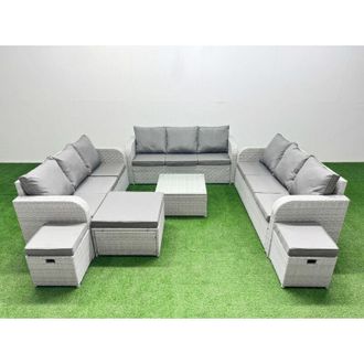Fimous Pe Rattan Lounge Sofa Set 12 Seater Outdoor Garden Furniture Set with Square Coffee Table 3 Seater Sofa 3 Stools Light Grey - Fimous