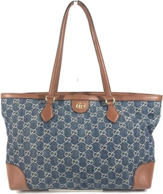 Gucci Blue Brown Denim Leather Shoulder Bag Tote Bag (Pre-Owned)