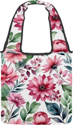 Generic Pink Flowers with Leaves Reversible Canvas Shoulder Tote - Double-Sided Print, 12oz Cotton, 27cm Drop, Fold-Flat Bag for Travel, Shopping, Street Outi