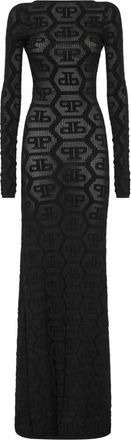 Philipp Plein Lange Jurk Gebreid Monogram - Dames - Maxi kleedjes - Zwart - XL - Polyester - Kleedjes