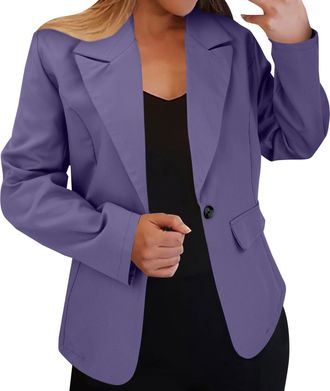 Generic Womens One Button Solid Color Slim Fit Suit Jacket, Open Front Long Sleeve Work Office Suit Jackets with Pockets (Purple,L)