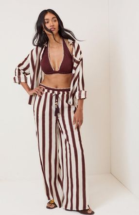 Nobody's Child Brown Striped Linen-Blend Wide Leg Trousers