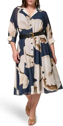 DKNY Floral Print Chiffon Midi Shirtdress in Night Sky at Nordstrom, Size 18W