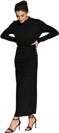 Moskada Zwarte Lurex Midi Jurk met Parel Detail - Dames - Maxi kleedjes - Zwart - M - Kleedjes