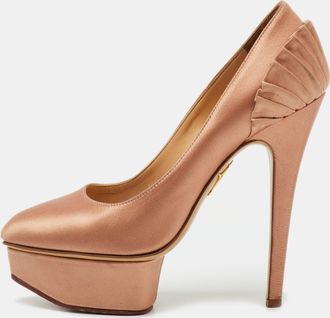 Charlotte Olympia Metallic Bronze Satin Paloma Fan Pleat Platform Pumps