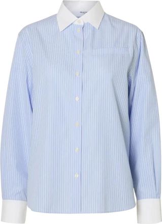 Selected Overhemden, Dames, Blauw, XS, Katoen, Blauw Gestreept Overhemd met Witte Kraag en Manchetten