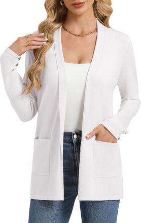 Grace Karin Women Lightweight Cardigans Summer Elegant Lapel Solid Color Open Front Long Sleeves Knitwear L White