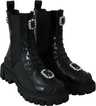 Dolce & Gabbana Black Leather Crystal Combat Womens Boots