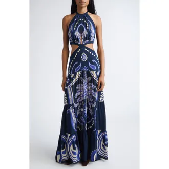 Johanna Ortiz Floral Paisley Double Silk Georgette Maxi Dress in Navy /Ecru at Nordstrom, Size 10