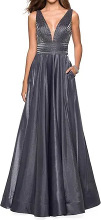 La Femme V-Neck 2-Tone Satin With Rhinestone Gown In Platinum