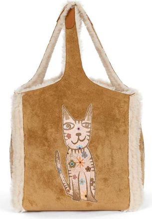 Generic Fortune Cat Mini Shearling Handbag, Brown Suede Lamb Leather, Embroidered Cat Motif, Designer Style Shoulder Bag with Inner Pocket
