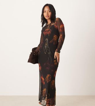Never Fully Dressed Petite - Vestito a maniche lunghe in rete nero con stampa di frutta e gonna al polpaccio