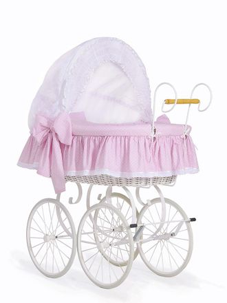 OEM Mois&eacute;s De Mimbre Retro Christine Con Capota Plegable - Blanco + Ropa De Cama De Encaje Rosa