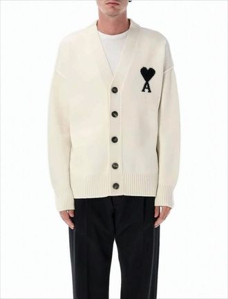Ami Relaxed Fit Wool Cardigan With Distinctive Heart Emblem