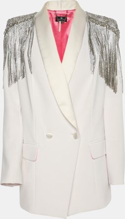 Elisabetta Franchi White Stretch Crepe Metal And Crystal Fringe Double Breasted Blazer