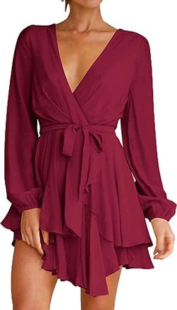 Generic Womens Cocktail Dresses Short Sleeve Empire Skater Dress Deep V-Neck Waist Tie Ruffle Mini Swing Dresses Wine