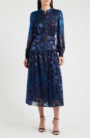 Elie Tahari The Pippa Burnout Floral Long Sleeve Dress in Brushstroke Denim at Nordstrom, Size 10