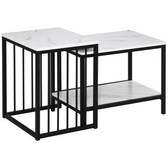 HOMCOM Modern Coffee Table Set of Two w/ Steel Frame Marble-Effect White - Black | TJ Hughes