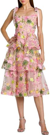 Mac Duggal Bow Strap Floral Embroidered Ruffle Midi Dress in Blush Multi at Nordstrom, Size 10